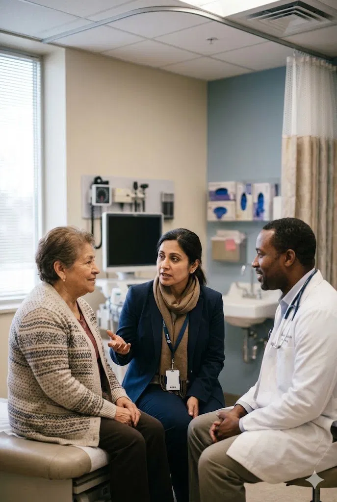 Medical interpreter facilitating a conversation between a patient and doctor