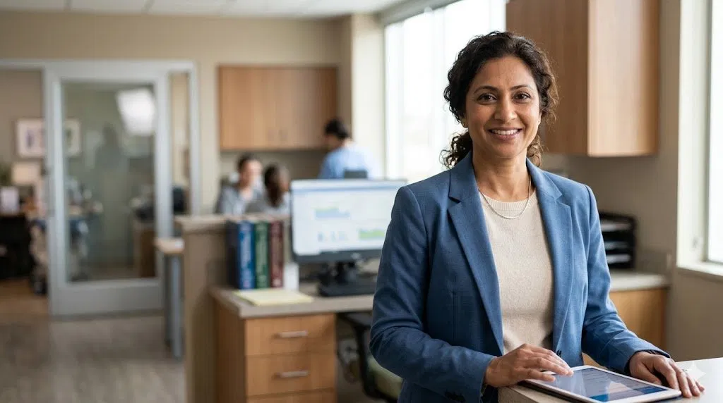 A smiling medical interpreter holding a tablet in a clinical office