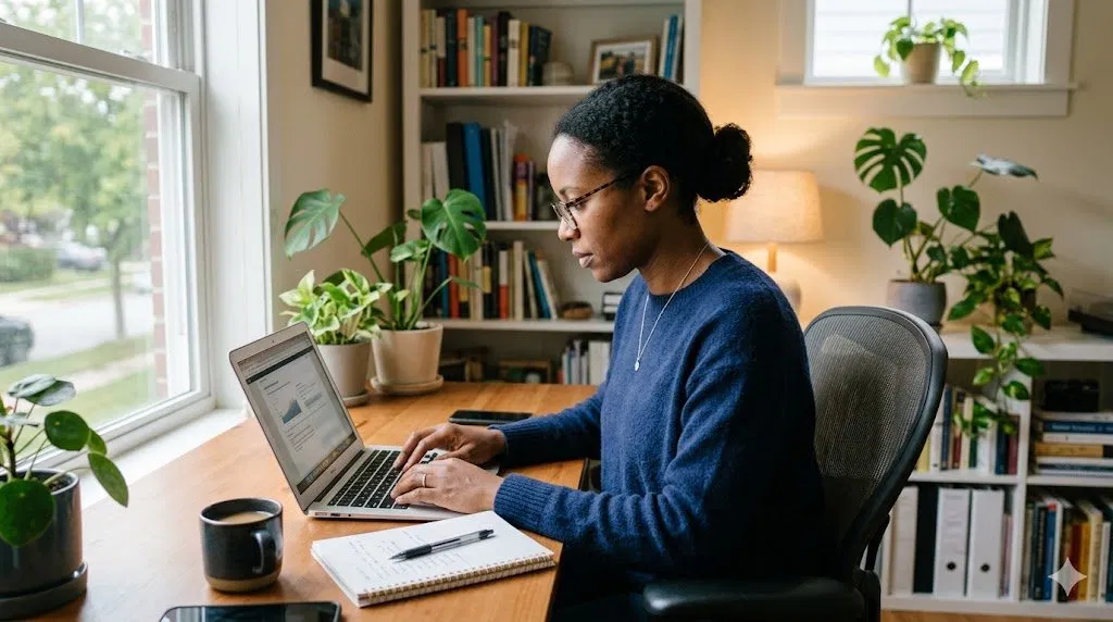 A learner studying the self-paced medical interpreter course on a laptop at a home desk