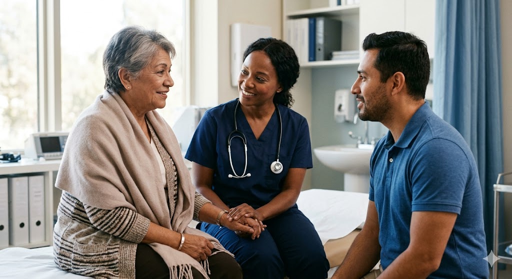 A healthcare professional and interpreter supporting a patient